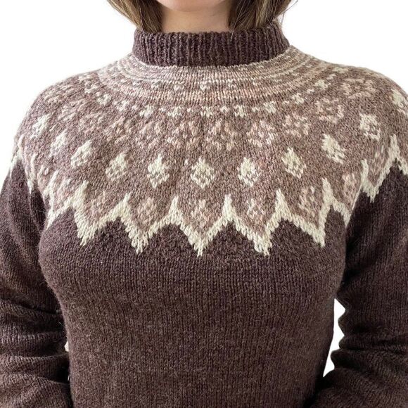 Vintage Womens Hand Knit 100% Wool Brown Fair Isle Scandinavian Sweater Sz M - Picture 6 of 10